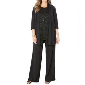 Catherines Women’s 3-Piece Black Pant Suit Wide Leg Sleeveless Sequin Lace